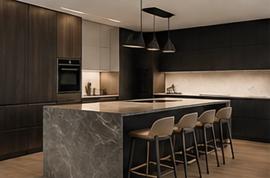 Dark-cabinet kitchen with a veined stone island, leather counter stools and slim pendant lights