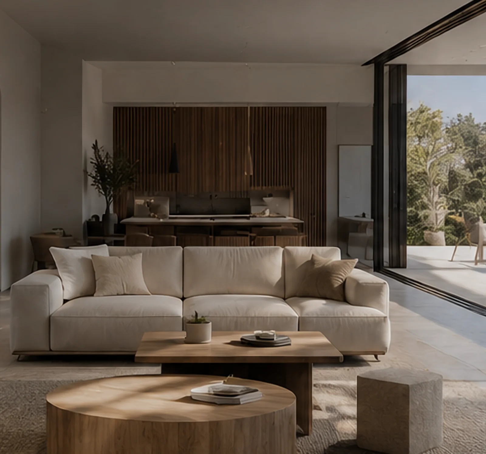 Open-plan living room with a cream sofa, round timber coffee tables and floor-to-ceiling glass opening to a garden terrace