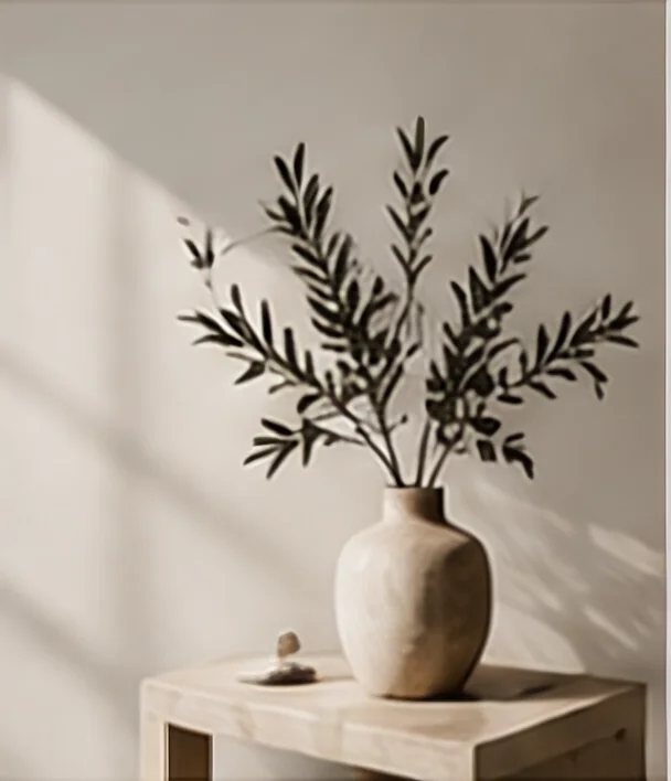 Stoneware vase with olive branches on a pale travertine side table in soft daylight