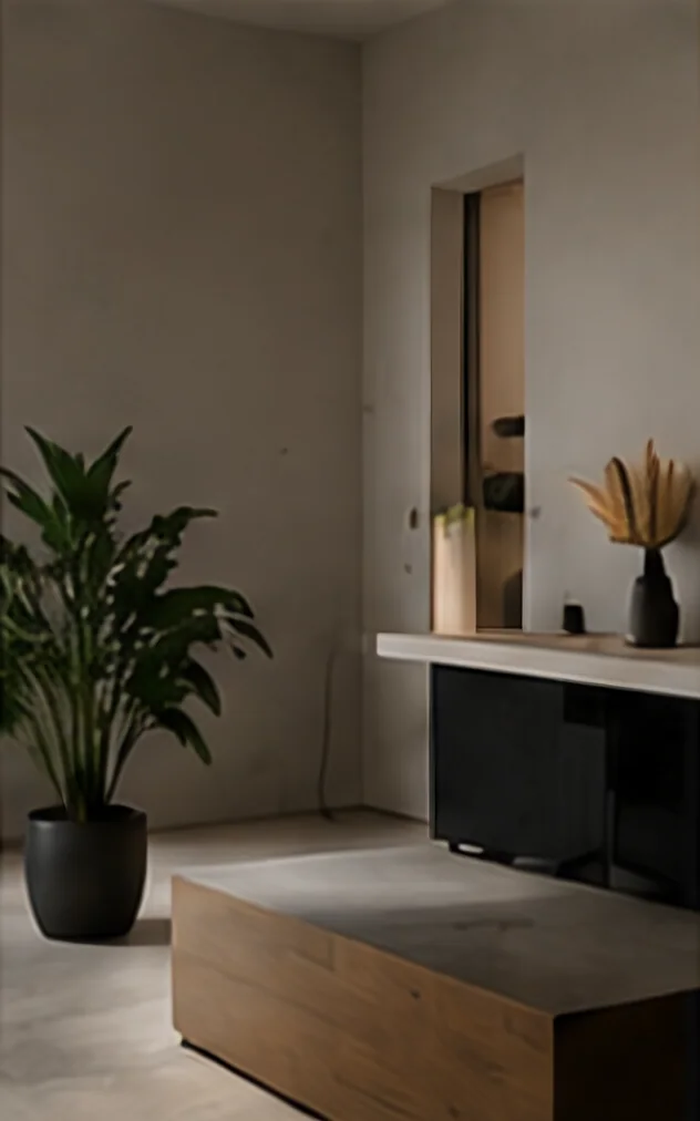 Minimal interior corner with a low timber console, potted palm and dried grasses