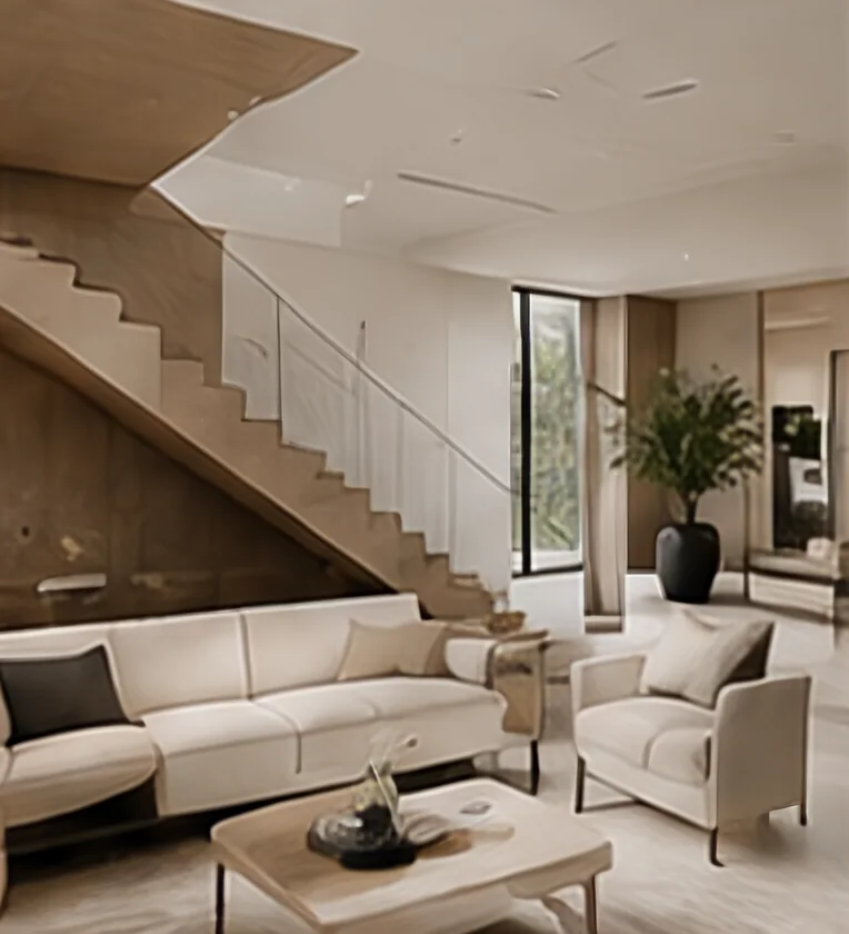 Living area beside a floating timber staircase with pale upholstered sofas and a low wooden table