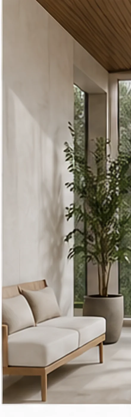 Sunlit hallway with a pale oak bench, linen cushions and a tall olive tree beside full-height glazing