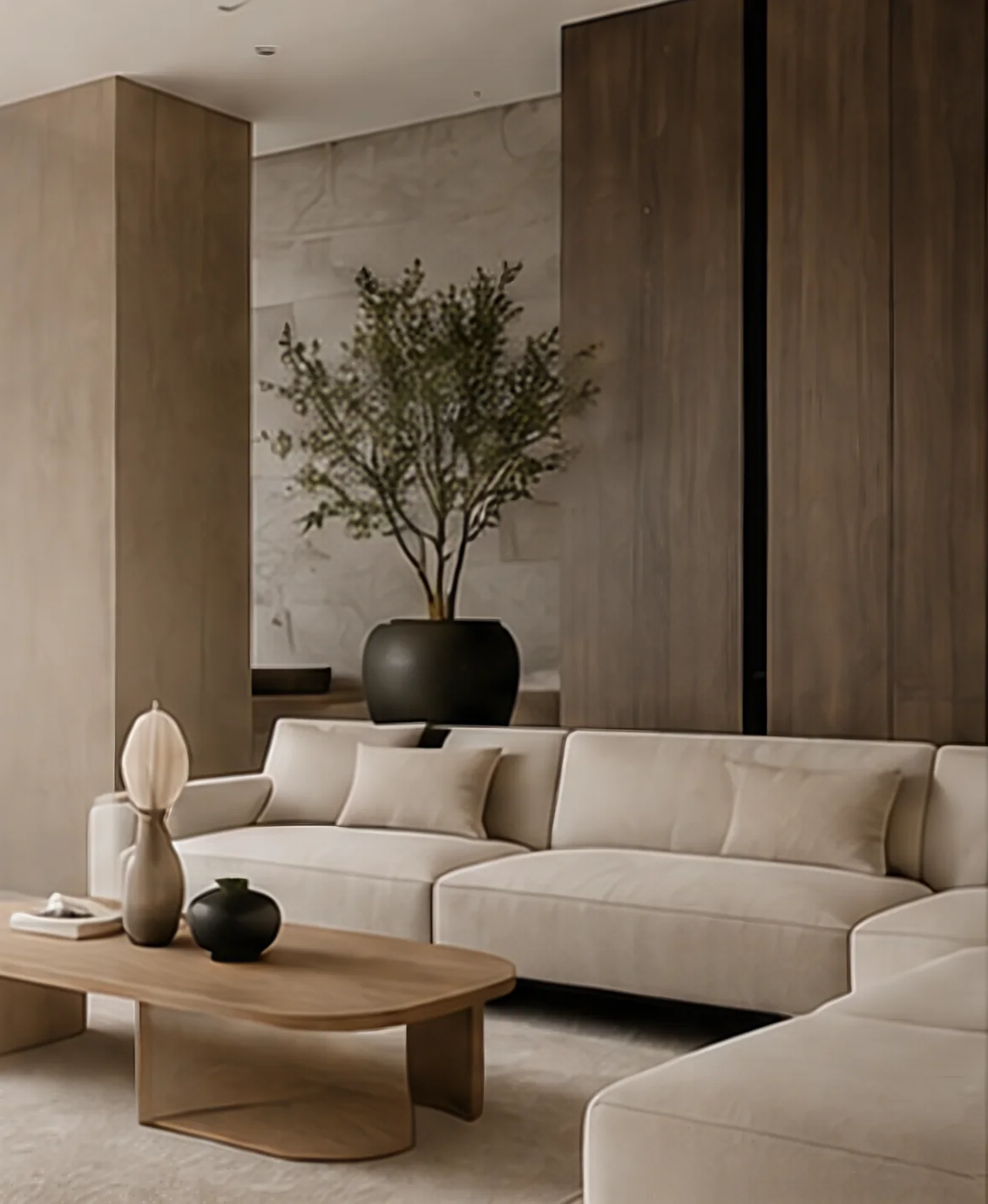 Warm modern living room with walnut wall panels, a low cream sectional sofa and an olive tree in a dark planter