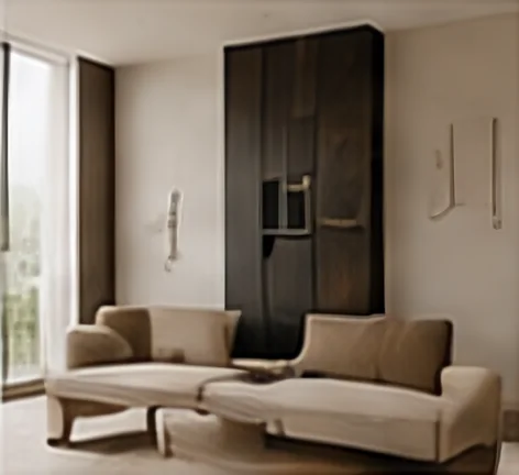 Living room furnished with a camel leather sofa, low table and dark timber cabinetry